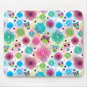 Mousepad Teste padrão bonito do fundo da coruja da flor