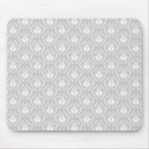 Mousepad Teste padrão branco e cinzento elegante. Damasco