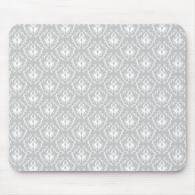Mousepad Teste padrão branco e cinzento elegante. Damasco (Frente)