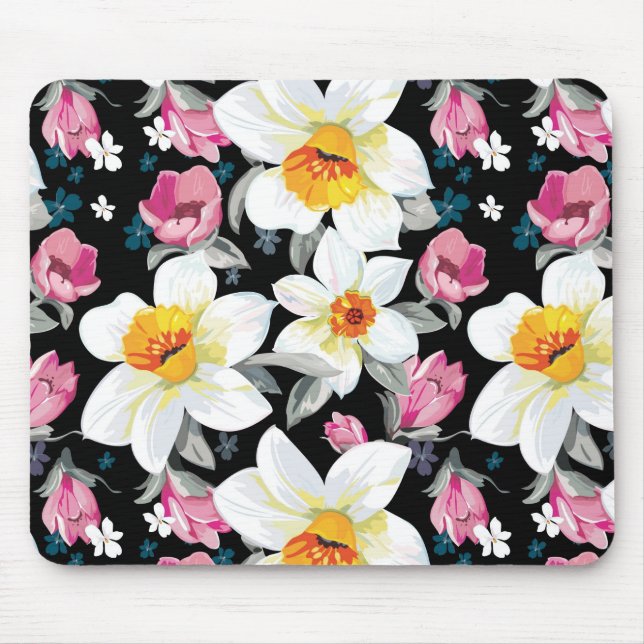 Mousepad Teste padrão da elegância com flores do narciso (Frente)