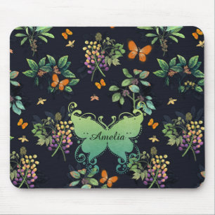 Mousepad Teste padrão de borboleta floral escuro