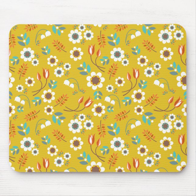 Mousepad Teste padrão de flores floral do amarelo da (Frente)