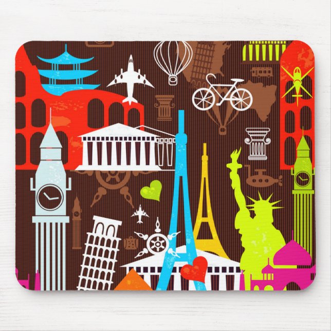 Mousepad Teste padrão de néon do viagem do mundo (Frente)