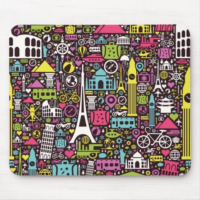 Mousepad Teste padrão de néon dos ícones do mundo (Frente)