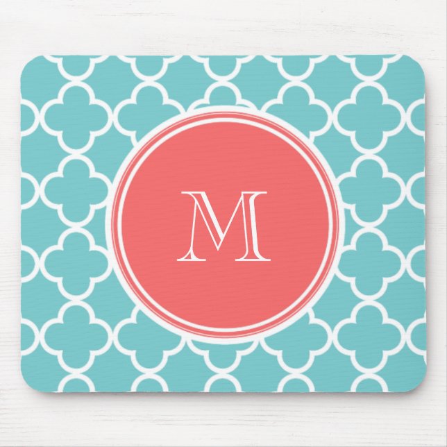 Mousepad Teste padrão de Quatrefoil da cerceta, monograma (Frente)