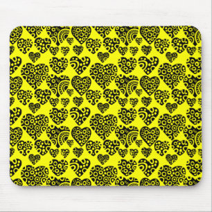 Mousepad Teste padrão dos corações - preto no amarelo