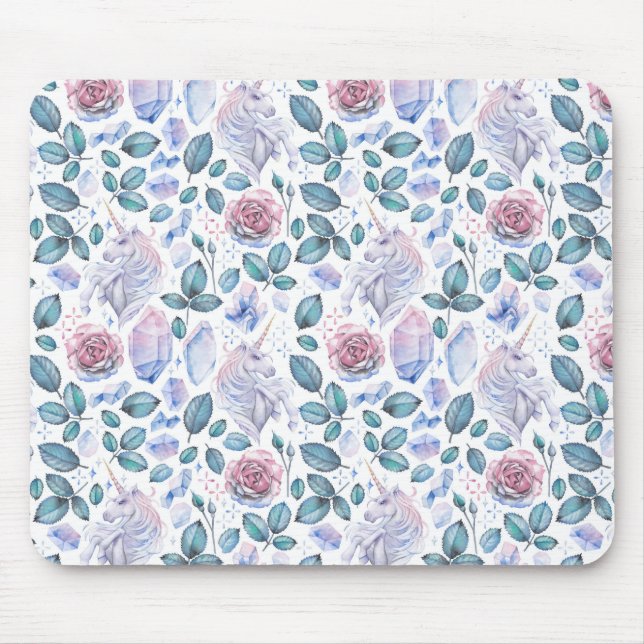 Mousepad Teste padrão dos cristais & dos rosas do unicórnio (Frente)