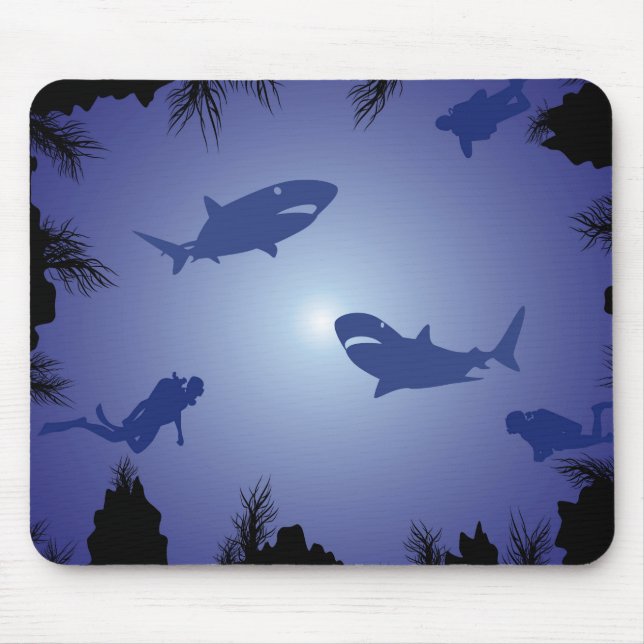 Mousepad Teste padrão dos mergulhadores & dos tubarões de (Frente)