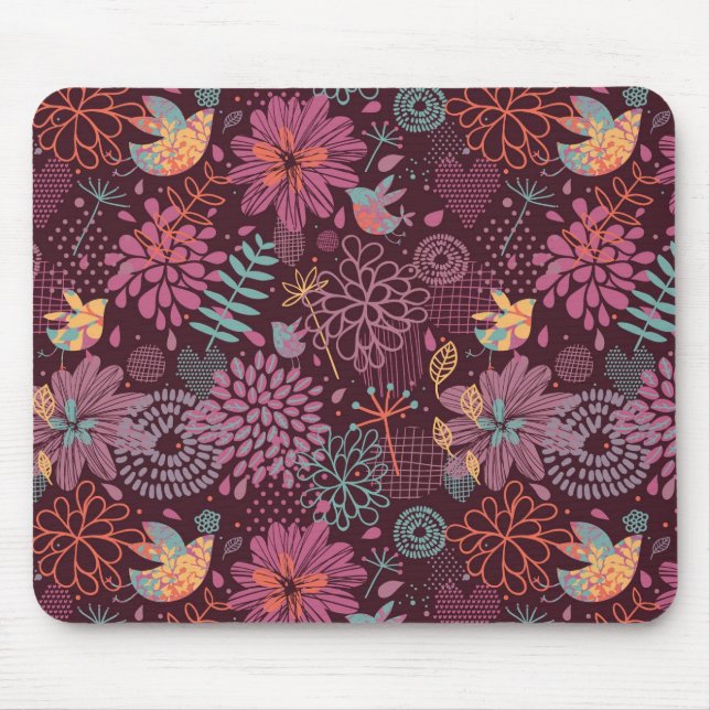 Mousepad Teste padrão floral abstrato com pássaros (Frente)