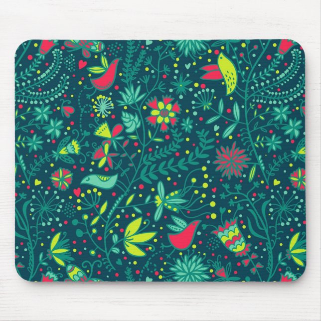 Mousepad Teste padrão floral com pássaros dos desenhos (Frente)