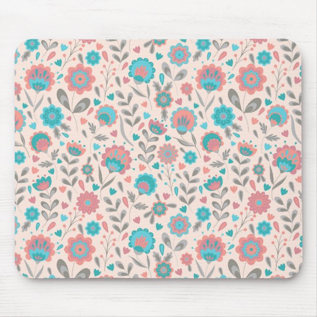 Mousepad Teste padrão floral da arte popular da cerceta & (Frente)