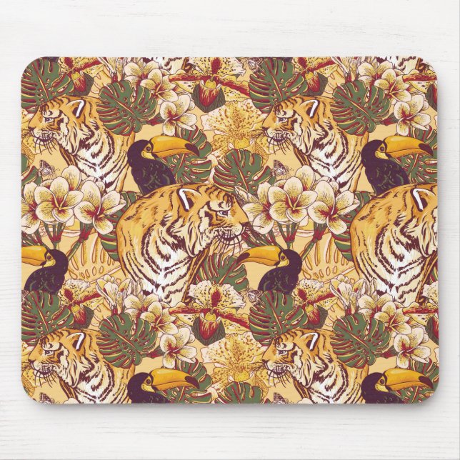 Mousepad Teste padrão floral tropical com tigre (Frente)