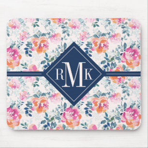 Mousepad Teste padrão pintado   dos rosas do monograma