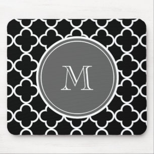 Mousepad Teste padrão preto de Quatrefoil, monograma