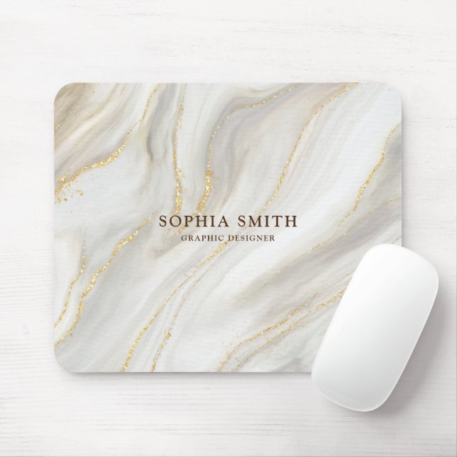 Mousepad Texto Simples Glitter Dourado com Fundo Marble Ele (Com mouse)