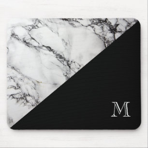 Mousepad Textura de pedra de mármore Monogrammed preto e