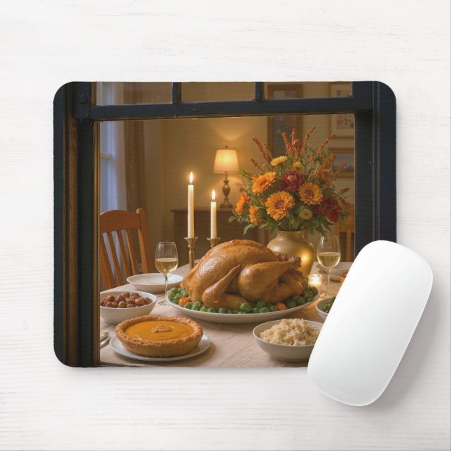 Mousepad Thanksgiving Turkey Feast Scene in a Window (Com mouse)