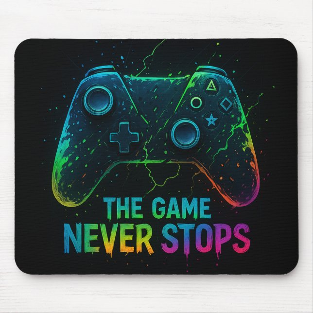 Mousepad The Game Never Stops — Neon Gamer Controller (Frente)