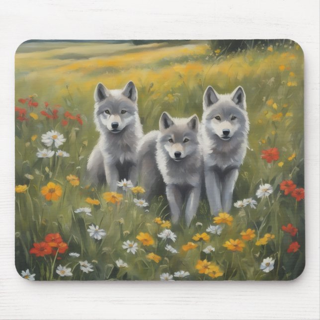 Mousepad Three grey wolf pups watching for mischief (Frente)