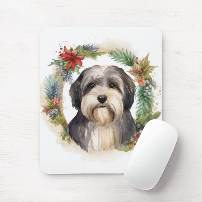 Mousepad Tibetano Terrier Christmas Wreath Festivo Pup (Com mouse)