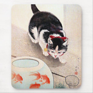 Mousepad Tigela de peixes dourados e gato,