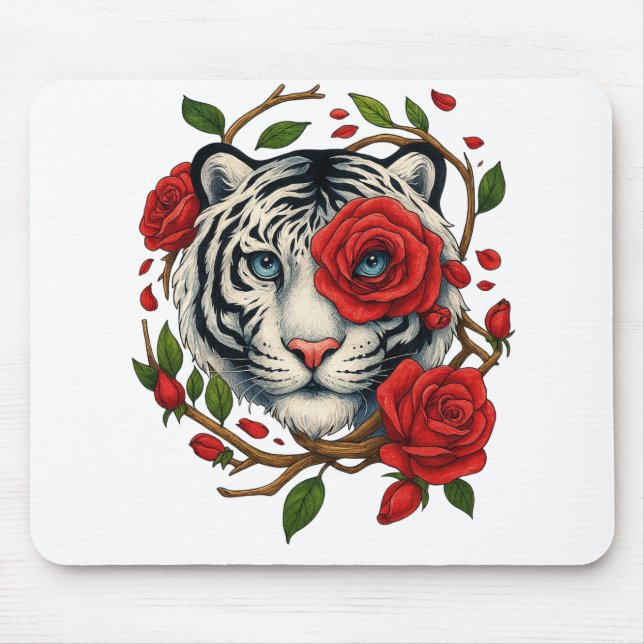 Mousepad Tigre branco com Rosas vermelhas - Floral de vida  (Frente)