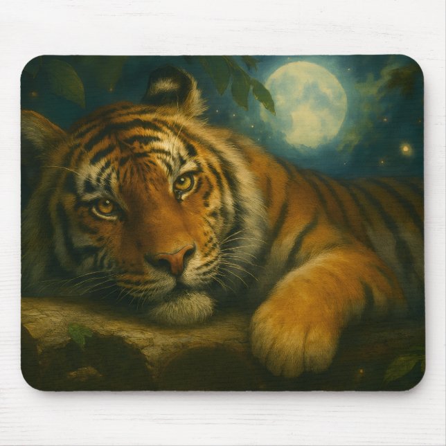 Mousepad Tigre de Aquarela Descansado na Floresta Noturna (Frente)