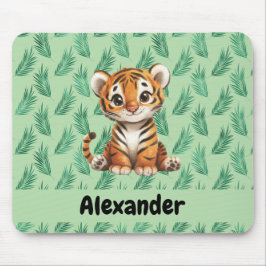 Mousepad Tigre de desenho animado em folhas tropicais