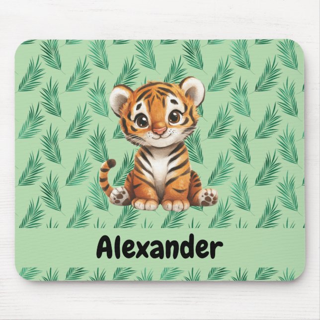 Mousepad Tigre de desenho animado em folhas tropicais (Frente)