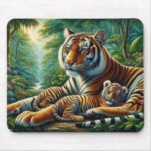 Mousepad Tigre e Cub em uma Pintura da Selva Esmagada