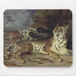 Mousepad Tigre novo que joga com sua mãe, 1830 (óleo sobr