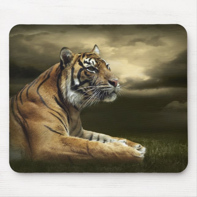 Mousepad Tigre que olha e que senta-se sob o céu dramático (Frente)