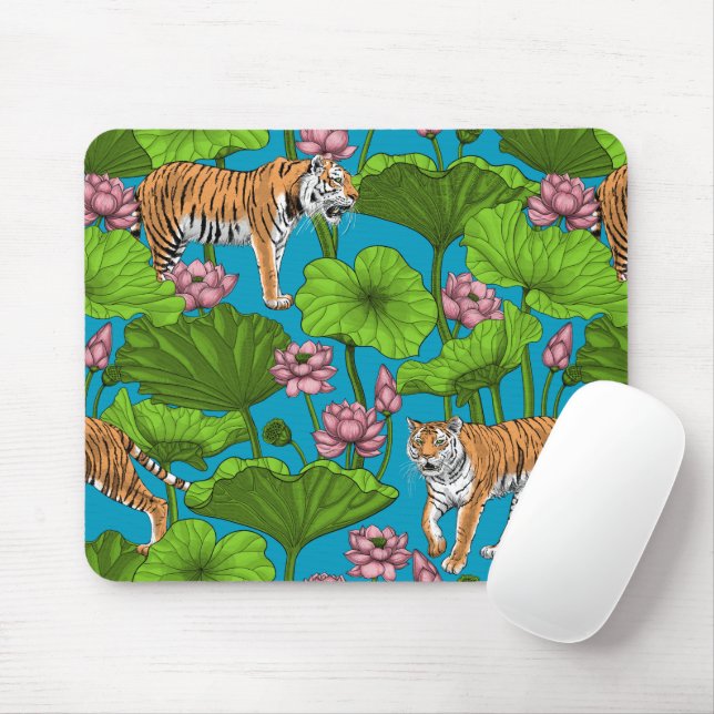 Mousepad Tigres no lago de lótus rosa (Com mouse)