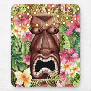 Mousepad Tiki Havaiano de Madeira Jantar da Ilha Floral de