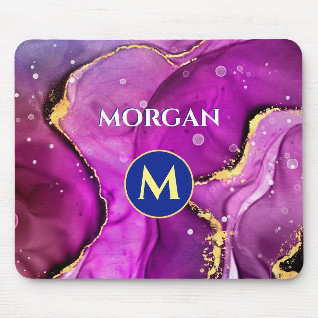 Mousepad Tinta líquida violeta vermelha e Dourada, monogram (Frente)