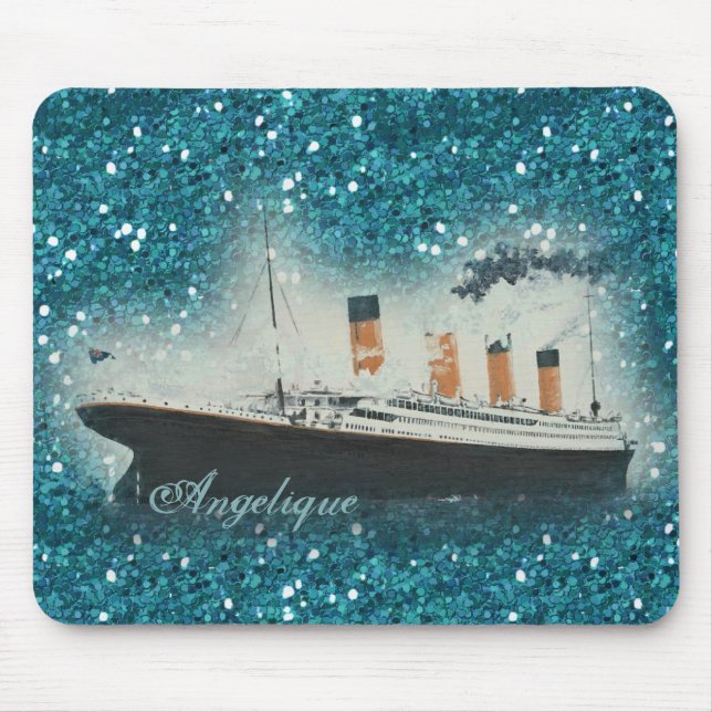 Mousepad Titanan Ocean Liner Blue Glitter Glam Nome do Ombr (Frente)