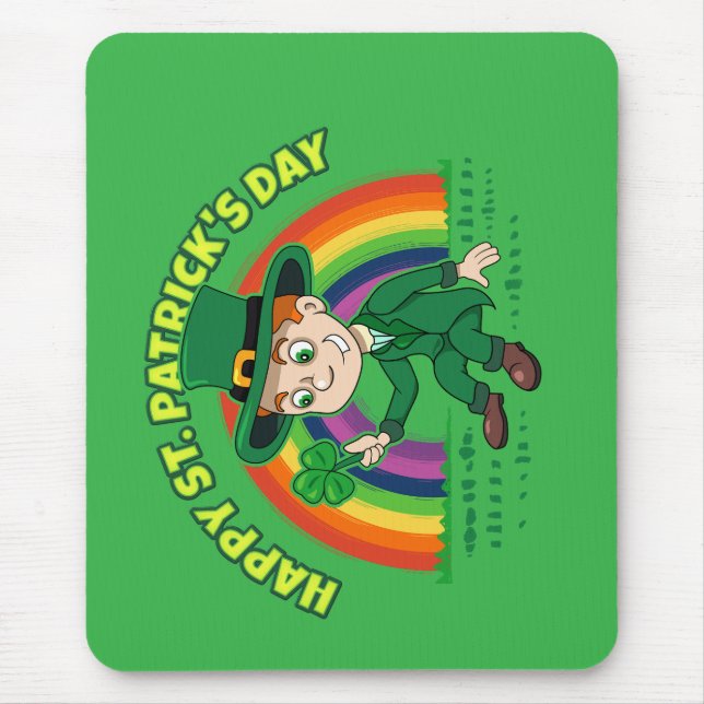 Mousepad Toon leprechaun bonito com shamrock e arco-íris (Frente)