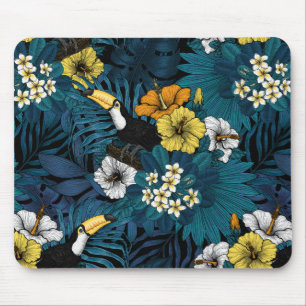 Mousepad Toques e flora tropical, azul, amarelo, laranja