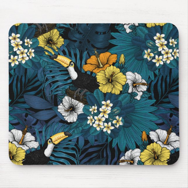 Mousepad Toques e flora tropical, azul, amarelo, laranja (Frente)
