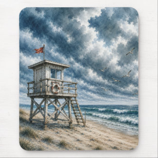 Mousepad Torre de Salvamento em Praia Costeira em Aquarela