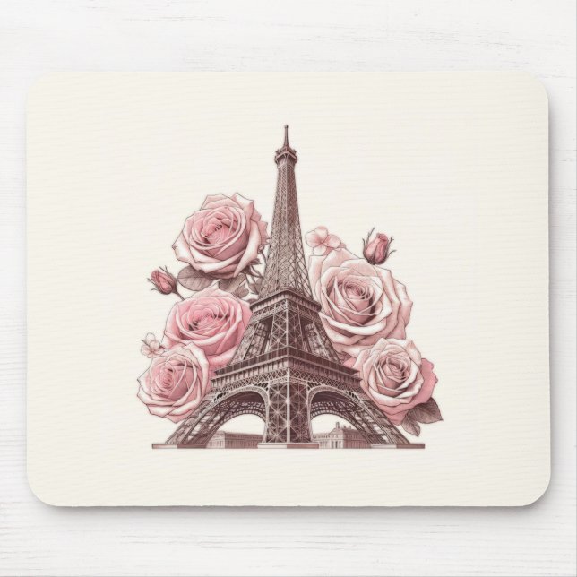 Mousepad Torre Eiffel de Paris & Rosas Cor-de-Rosa (Frente)