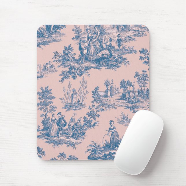Mousepad Torre francesa de jouy azul e rosa elegante (Com mouse)
