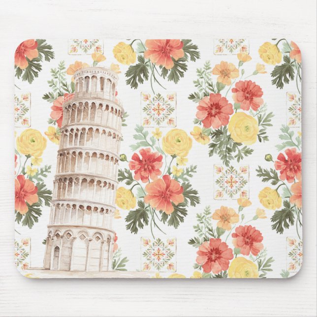 Mousepad Torre Inclinada Flores Laranja Amarelo (Frente)