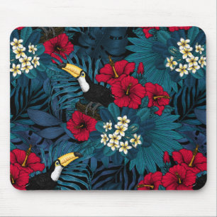 Mousepad Toucans e flora tropical, verdes e vermelhas