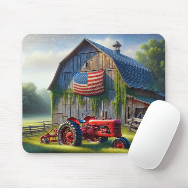 Mousepad Trator de Fazenda Vermelha com celeiro Patriótico (Com mouse)