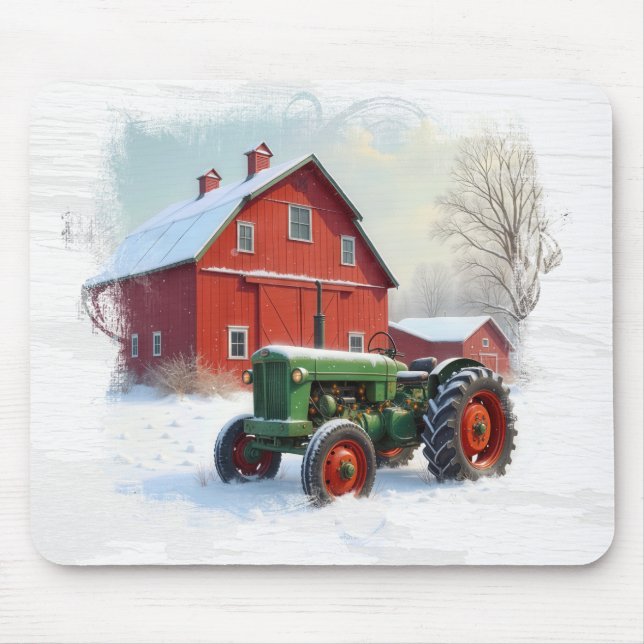 Mousepad Trator verde da fazenda e celeiro vermelho (Frente)