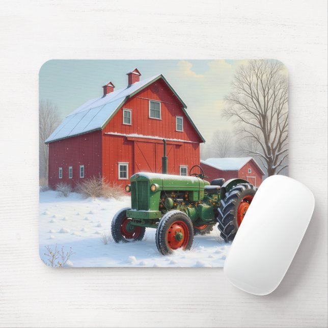 Mousepad Trator Verde de Natal por um Barn Vermelho (Com mouse)