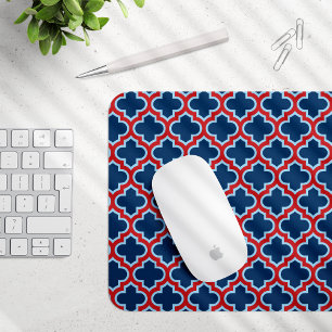 Mousepad Trellis, Latice, Quatrefoil, azul e vermelho marro
