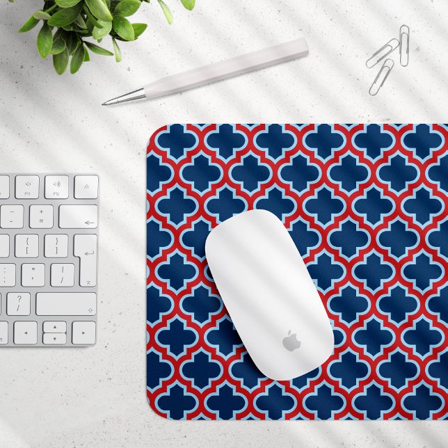 Mousepad Trellis, Latice, Quatrefoil, azul e vermelho marro (Criador carregado)