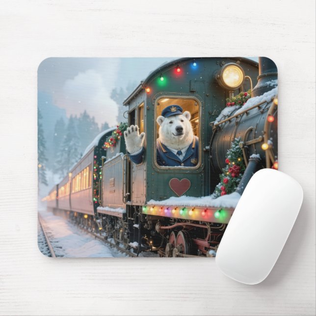 Mousepad Trem de Natal com Urso Polar Acenando (Com mouse)